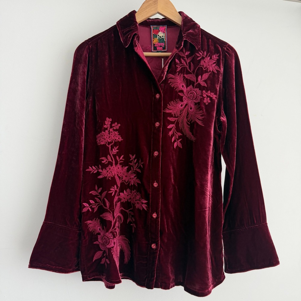 Johnny Was Velvet Shirt Womens XS Burgundy Floral Embroidered Button Down Blouse